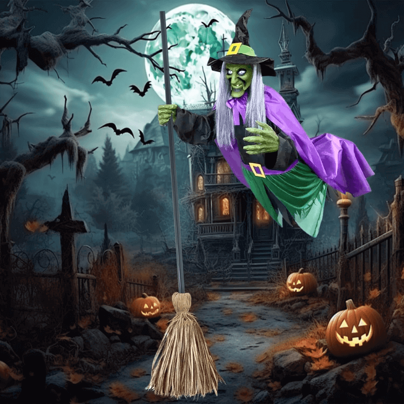 11.5ft Flying Witch on Broom Halloween Decor with Sound & Touch Activated